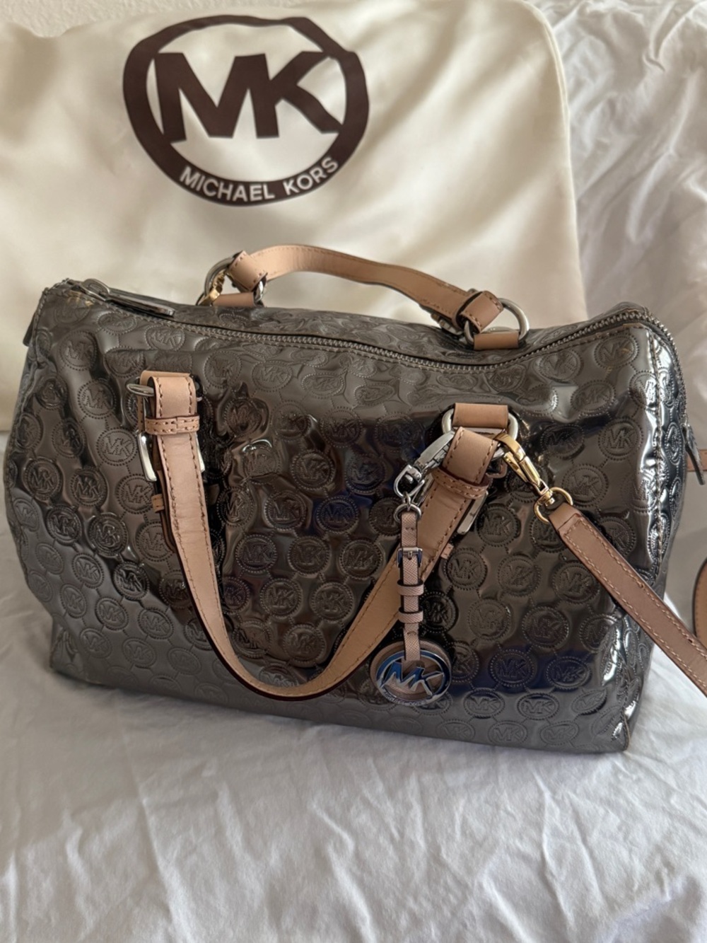 Michael Kors Metallic Satchel with Tan Leather Straps & Dust Bag